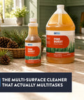 Top Shelf Pine Burst Multi Surface Cleaner Nukes Toughest Kitchen Grease Stubborn Bathroom Grime And Lingering Odors From Floors Walls Counters And Fabric Upholstery Quick As Always in various sizes on a kitchen counter.
