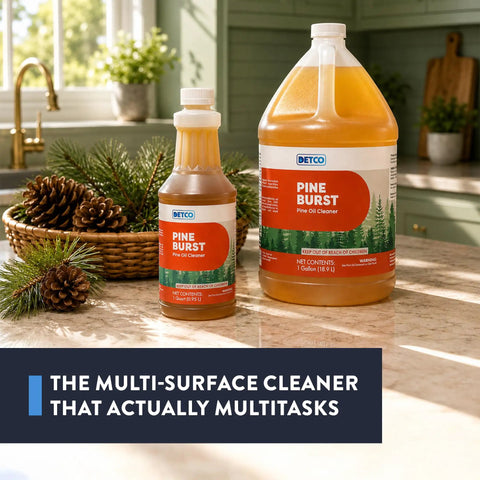 Top Shelf Pine Burst Multi Surface Cleaner Nukes Toughest Kitchen Grease Stubborn Bathroom Grime And Lingering Odors From Floors Walls Counters And Fabric Upholstery Quick As Always in various sizes on a kitchen counter.