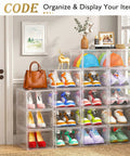 Game Changer Six Pack Clear Shoe Organizers With Snappy Magnetic Doors And Fully Stackable Build For Dead Simple Closet Tidy Up Under Bed Or Garage Storage filled with colorful shoes and caps.