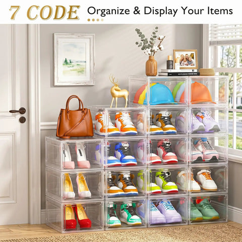 Game Changer Six Pack Clear Shoe Organizers With Snappy Magnetic Doors And Fully Stackable Build For Dead Simple Closet Tidy Up Under Bed Or Garage Storage filled with colorful shoes and caps.