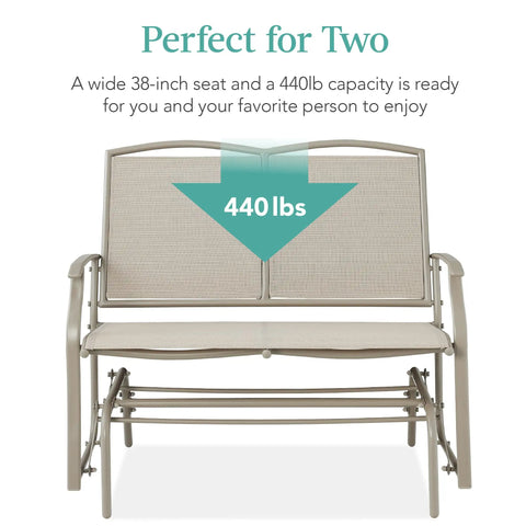 Two Person Outdoor Patio Swing Glider With Smooth Rocking Motion, Textilene Fabric Over Powder Coated Steel Frame For Weather Resistant Comfort On Deck Or Porch, A Cozy Two Seat Rocker, 38-inch seat, 440 lb capacity