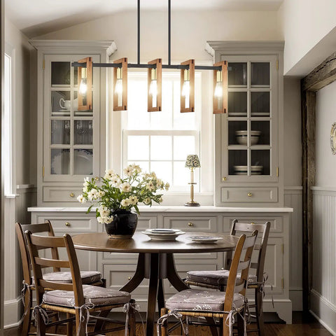 Farmhouse Gold Solid Wood Five Light Chandelier With Black Metal Frame For Kitchen Island Vibe Entryway Dining Room And Bedroom Lighting Rustic Modern Style