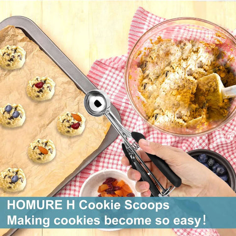 Triple Cookie Scoop Set With 1 Tbsp, 2 Tbsp, And 3 Tbsp Sizes, 18/8 Stainless Steel With No Slip Grip pictured portioning cookie dough.