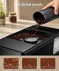 Fully Automatic Espresso Machine With Built In Grinder And Integrated Milk Frother showing 15 grind levels for customized coffee.