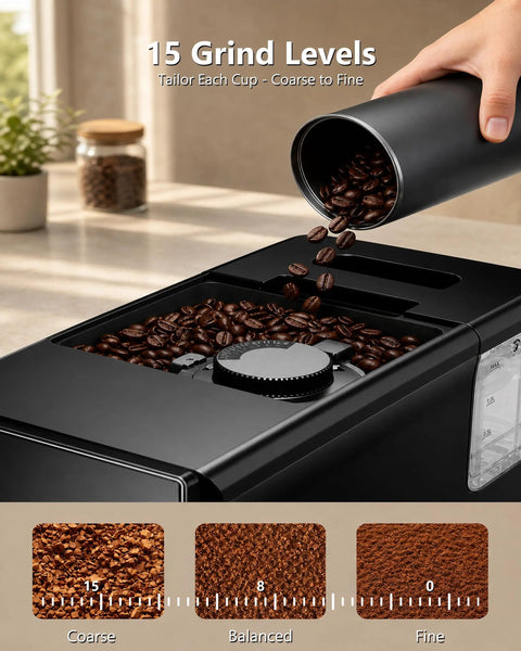 Fully Automatic Espresso Machine With Built In Grinder And Integrated Milk Frother showing 15 grind levels for customized coffee.