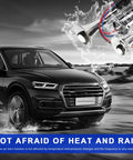 Riproaring 12V Dual Electric Air Horn Street Ready Kit with waterproof silver trumpets shown on a car in rain.