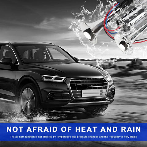 Riproaring 12V Dual Electric Air Horn Street Ready Kit with waterproof silver trumpets shown on a car in rain.