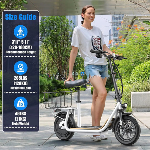 Woman standing next to Peak 800W Electric Scooter With Seat For Adults, white model on city path with size guide display.