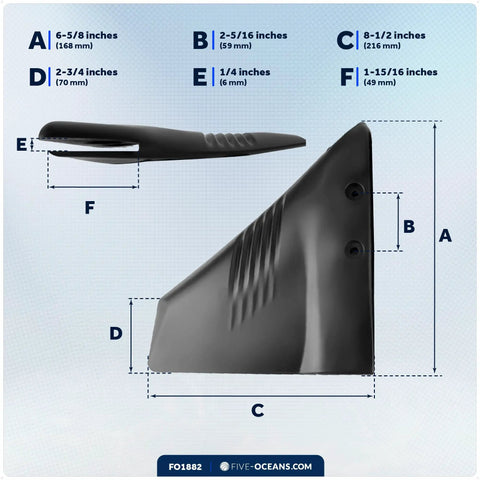 Dimensions diagram of black hydrofoil for outboard motors up to 200HP, shows size details, side view with marked measurements.