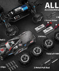 1 To 10 Scale RC Monster Truck With 4x4 All Terrain Off Road Wheels Waterproof Electric RC Car With LED Lights 48 KMH Top Speed 40 Plus Minutes Of Play Time With Dual Batteries Gift For Teens And Adults showing parts and accessories