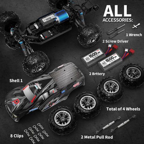 1 To 10 Scale RC Monster Truck With 4x4 All Terrain Off Road Wheels Waterproof Electric RC Car With LED Lights 48 KMH Top Speed 40 Plus Minutes Of Play Time With Dual Batteries Gift For Teens And Adults showing parts and accessories