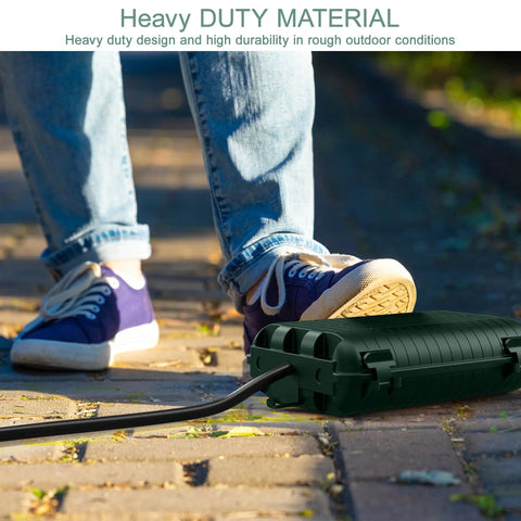 Heavy Duty Outdoor Waterproof Electrical Box Two Pack Tough As Nails Extension Cord Cover, green box with cord on pavement.