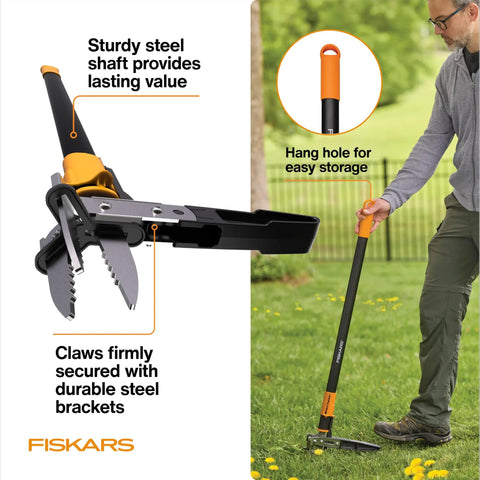 Man using Stand Up 3 Claw Weed Puller with 39 Inch Ergonomic Handle for easy, back-saving weeding in a garden.