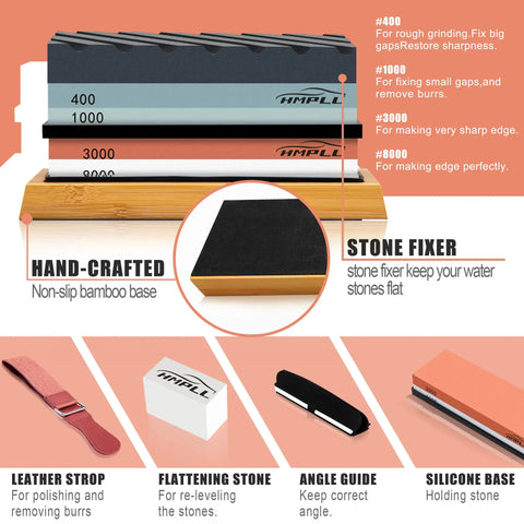 Pro Whetstone Knife Sharpening Stone Set With 4 Sided Grit 400 To 1000 And 3000 To 8000, non-slip base, leather strop, angle guide