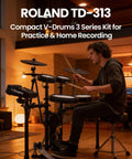 Person playing TD313 V-Drums Electronic Drum Kit Bundle With Audio Cable, Drumsticks, Drumstick Bag, And Polishing Cloth at home.