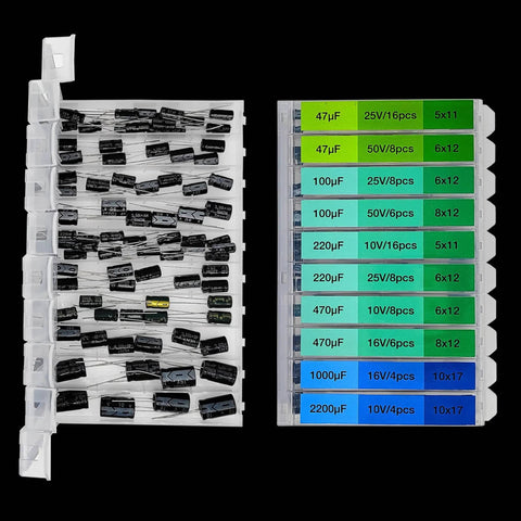 Dope Capacitor Kit For DIYers And Makers 304 Piece Electrolytic Capacitor Assortment With 20 Values From 0.1uF To 2200uF 10V 16V 25V 50V See Through Tray Storage For Arduino And Industrial Projects displaying the organized capacitors in labeled compartments.
