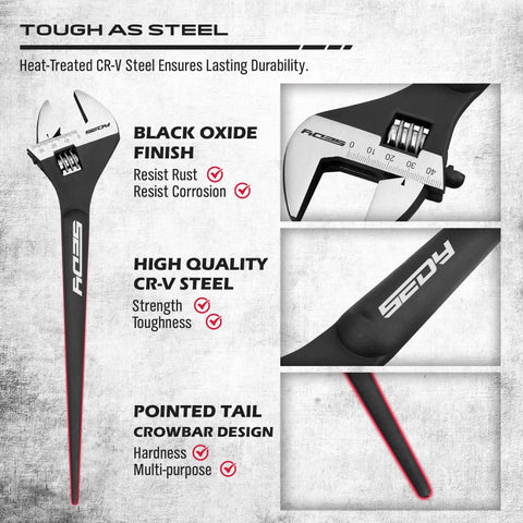 Beefy 3 Piece Adjustable Spud Wrench Set With 10 12 And 16 Inch Sizes CRV Steel Black Oxide Finish SAE And Metric Scale