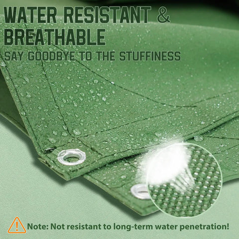 Close-up of Heavy Duty 5x7 Canvas Tarp In Green 12 Oz Durable Tarpaulin with Rustproof Grommets, showing water resistance