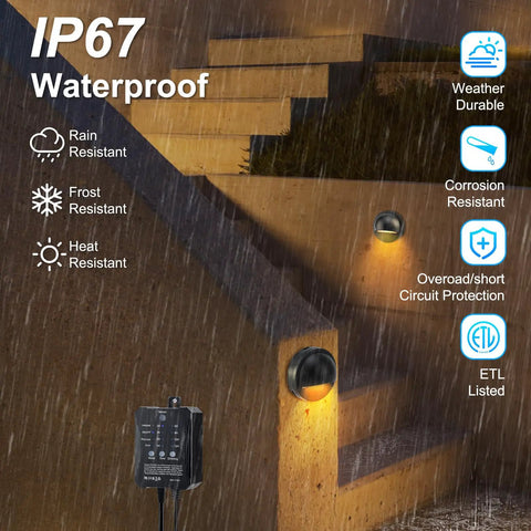 All In One Low Voltage LED Deck Lights Kit With Transformer Timer And Photocell Sensor IP67 Waterproof on rainy stairs