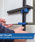 Close-up of Cabinet Hardware Jig Pro XL Flexible Full Length To Compact Setup For Wide Pulls Or Knob Mounts in use on cabinet