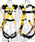 3D Ring Full Body Fall Protection Safety Harness for Job Sites displayed on mannequins, ANSI/ASSE Z359.11-2021 Compliant