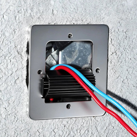 Steel Wire Pulling Roller For Electrical Boxes, Smooth Cable Guide Tool With Low Friction Rollers, 8x8cm Junction Box Wire Threading Aid, Removes Snags, Eases Through Walls, Fast Quiet Durable, installed in wall box with red and blue wires