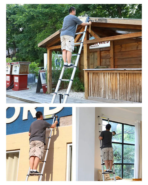 Man using Rugged 10.5Ft Aluminum Telescoping Ladder, Portable Multi Purpose Extension for outdoor tasks, 330 lb load capacity.