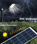 Upgraded Solar Street Light 12000 Lumens Super Bright Outdoor With 10000mAh Battery And 120 LEDs Remote Control Dusk To Dawn Motion Sensor Waterproof Outdoor Lighting For Yard Garden And Pathways shown in use, highlighting its IP66 waterproof feature and high-efficiency solar panel.