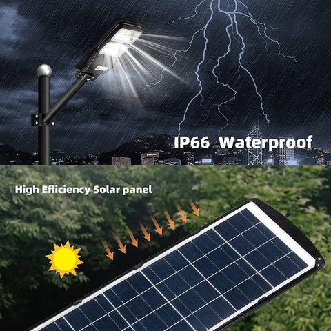 Upgraded Solar Street Light 12000 Lumens Super Bright Outdoor With 10000mAh Battery And 120 LEDs Remote Control Dusk To Dawn Motion Sensor Waterproof Outdoor Lighting For Yard Garden And Pathways shown in use, highlighting its IP66 waterproof feature and high-efficiency solar panel.