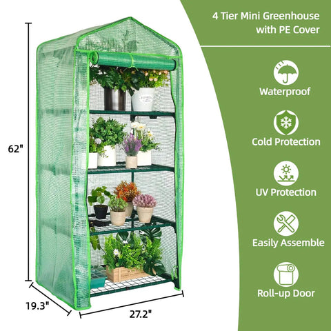 4 Tier Mini Greenhouse For Indoor And Outdoor Use With 24lbs Per Shelf, Portable No Fuss Assembly, Durable PE Cover, Grab And Go Setup For Balcony Patio Backyard Garden, Great For Herbs Vegetables And Seedlings