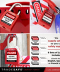 Red Lockout Padlocks Set Ten Keyed Alike With Two Keys Per Lock For Lockout Tagout Stations OSHA Compliant Premium Grade Use In Industrial Safety LOTO Ready For Everyday Use image showing padlocks, safety labels, and lockout applications.