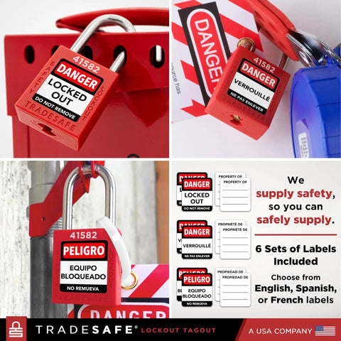Red Lockout Padlocks Set Ten Keyed Alike With Two Keys Per Lock For Lockout Tagout Stations OSHA Compliant Premium Grade Use In Industrial Safety LOTO Ready For Everyday Use image showing padlocks, safety labels, and lockout applications.