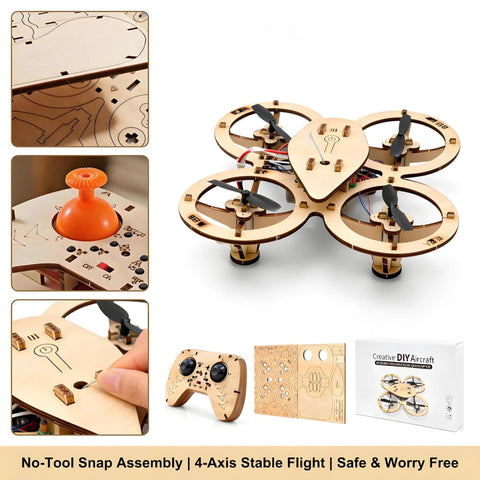 Wooden RC Drone Kit With Snap Together Design No Glue Needed Beginner Friendly Remote Control Quadrotor Flying Toy Buildable