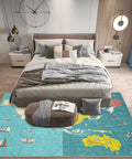 5x7 World Map Rug For Living Room And Bedroom With Ocean Sailboat Design, Washable Low Pile Non Slip Carpet under bed
