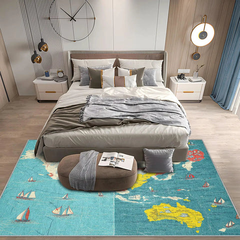 5x7 World Map Rug For Living Room And Bedroom With Ocean Sailboat Design, Washable Low Pile Non Slip Carpet under bed