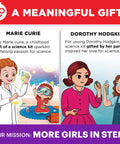 Illustration of historical figures Marie Curie and Dorothy Hodgkin with science kits inspiring girls in STEM, featuring Girls Science Kit For Ages Four To Eight With Over 50 Experiments STEM Toy For Learning And Discovery Easter And Birthday Gift Idea Educational Projects That Spark Problem Solving.