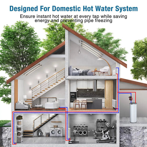 Heavy Duty Hot Water Recirculating Pump For Tank Heaters Delivers Hella Strong Pressure Boost And Instant Hot Flow For Badass Shower Vibes Easy Mount 110V Plumbing Kit in a domestic hot water system illustration.