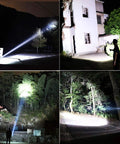 Beast Bright 99000 Lumens LED Flashlight illuminating various outdoor scenes at night