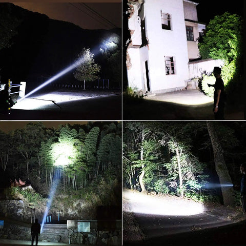 Beast Bright 99000 Lumens LED Flashlight illuminating various outdoor scenes at night