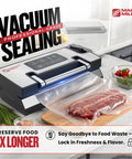 Heavy Duty Vacuum Sealer Machine Packing 90Kpa Suction And Double Seal To Keep Your Groceries Farm Fresh with meat being sealed.
