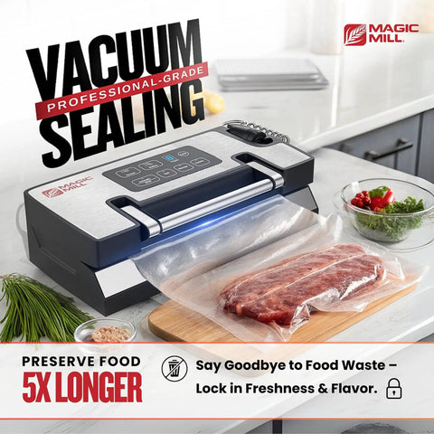 Heavy Duty Vacuum Sealer Machine Packing 90Kpa Suction And Double Seal To Keep Your Groceries Farm Fresh with meat being sealed.