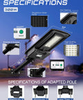Specifications of Powerful 300W Solar Street Light With 20000 Lumens, Outdoor Parking Lot Lighting, die-cast aluminum build, remote control.