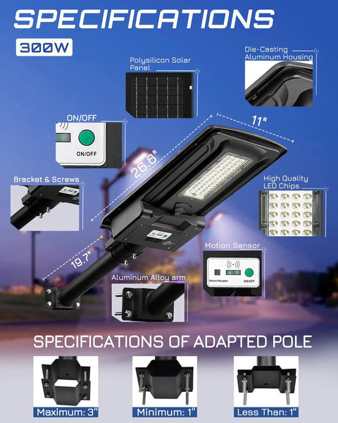 Specifications of Powerful 300W Solar Street Light With 20000 Lumens, Outdoor Parking Lot Lighting, die-cast aluminum build, remote control.