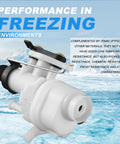 Close-up of Freeze Resistant RV Toilet Water Valve Kit For Aqua-Magic V with ice background, showing robust valve design.