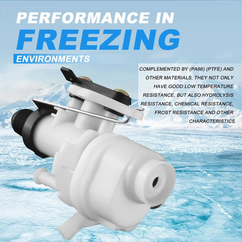 Close-up of Freeze Resistant RV Toilet Water Valve Kit For Aqua-Magic V with ice background, showing robust valve design.
