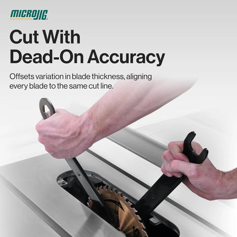 Hands adjusting a table saw blade for dead-on accuracy with Precision Table Saw Arbor Shims For Slick Blade Alignment With Dead Nuts Accuracy And Hassle Free Calibration Using Heavy Duty Stainless Steel Fence Offset Spacer Tool To Keep Your Workshop Top Notch.