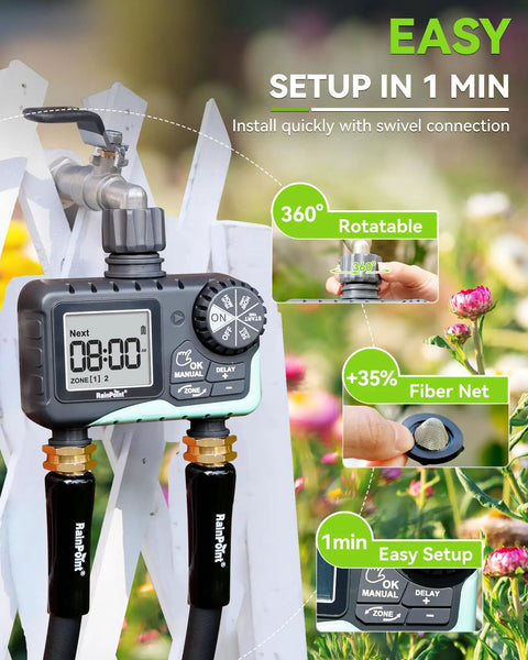 Two Zone Garden Hose Water Timer With Rain Delay And Manual Watering, IP65 Waterproof, installed with easy 360-degree rotation
