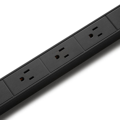 Heavy Duty 12 Outlet Surge Protector Power Strip With Metal Housing 600 Joules 6 Foot Extension Cord Wide Spaced Mountable Black LED Indicator For Bulky Electronics, close-up