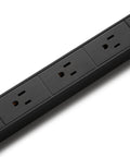Close-up of Built Like A Tank 16 Outlet Surge Protector Power Strip with black aluminum housing and wide spaced outlets.