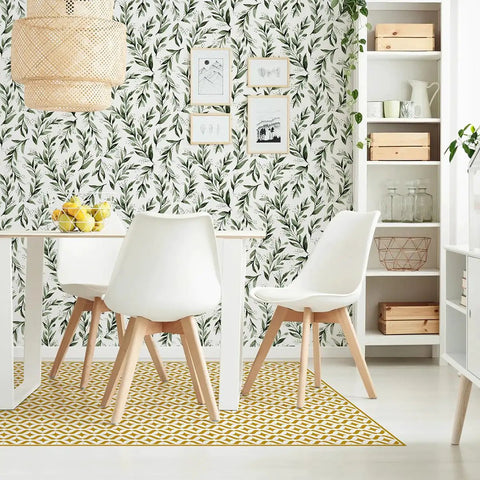 Dining room with green leaf peel and stick wallpaper olive leaf contact paper easy peel and stick self adhesive vinyl roll 17.7 inch by 118.1 inch ideal for bathroom and home renovation modern farmhouse neutral sage decor on walls.